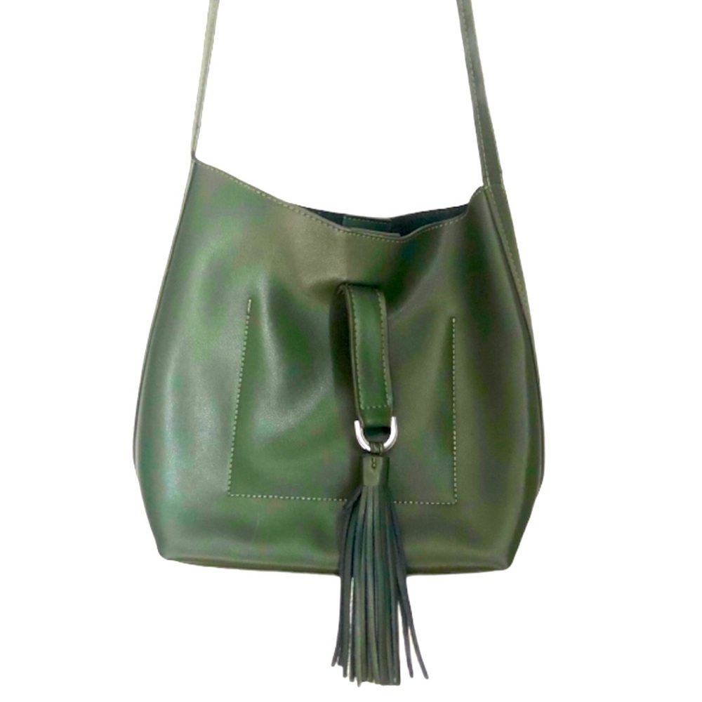 NEW Leather Shoulder Bag Bottle Green with Tassel